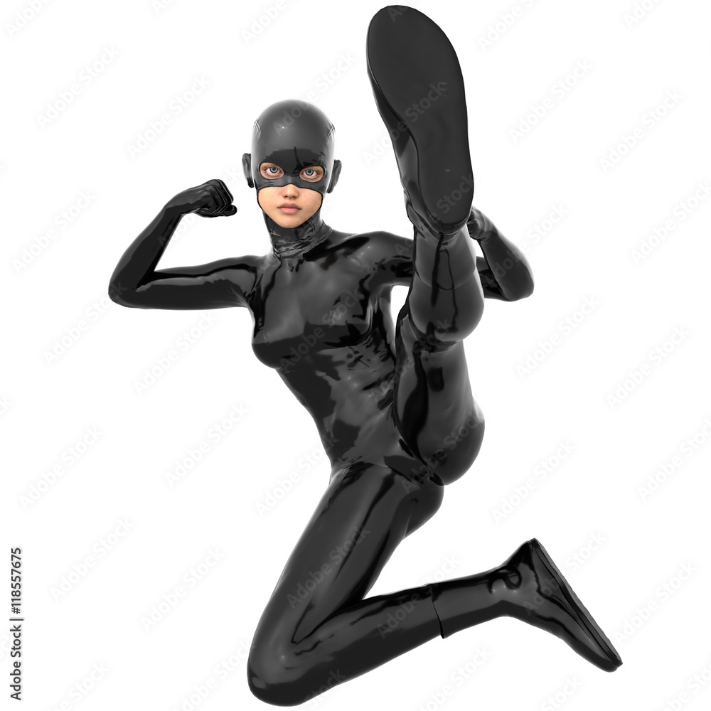 one young superhero slim girl in full black super suit. She jump and hit her left foot. Close to the camera one young superhero slim girl in full black super suit. She jump and hit her left foot. Close to the camera