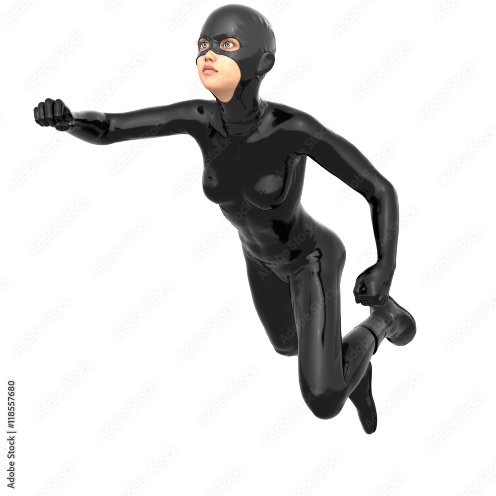 one young superhero slim girl in full black super suit. She flies to the left and looks up one young superhero slim girl in full black super suit. She flies to the left and looks up