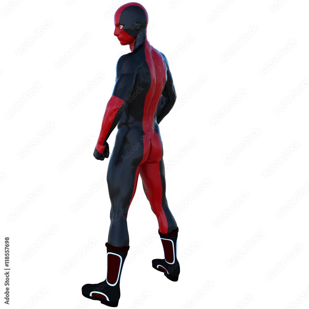 one young superhero man with muscles in red black super suit. He is half-flattened sideways. Head turned to the left one young superhero man with muscles in red black super suit. He is half-flattened sideways. Head turned to the left