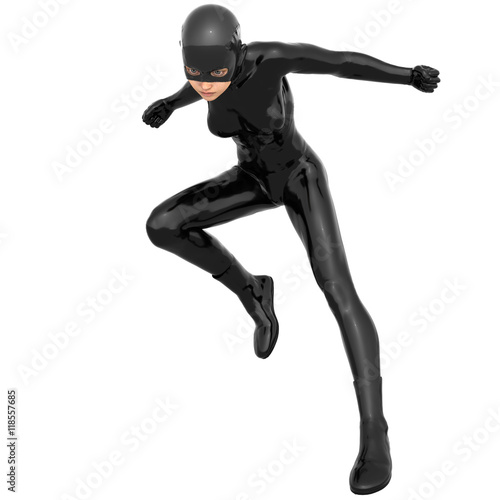 one young superhero slim girl in full black super suit. She jumps from one foot with her hands behind her back