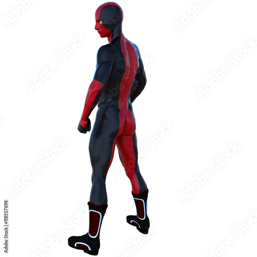 one young superhero man with muscles in red black super suit. He is half-flattened sideways. Head turned to the left © Kaselmeyk