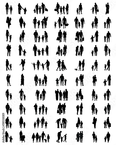 Black silhouettes of families at walking, vector
