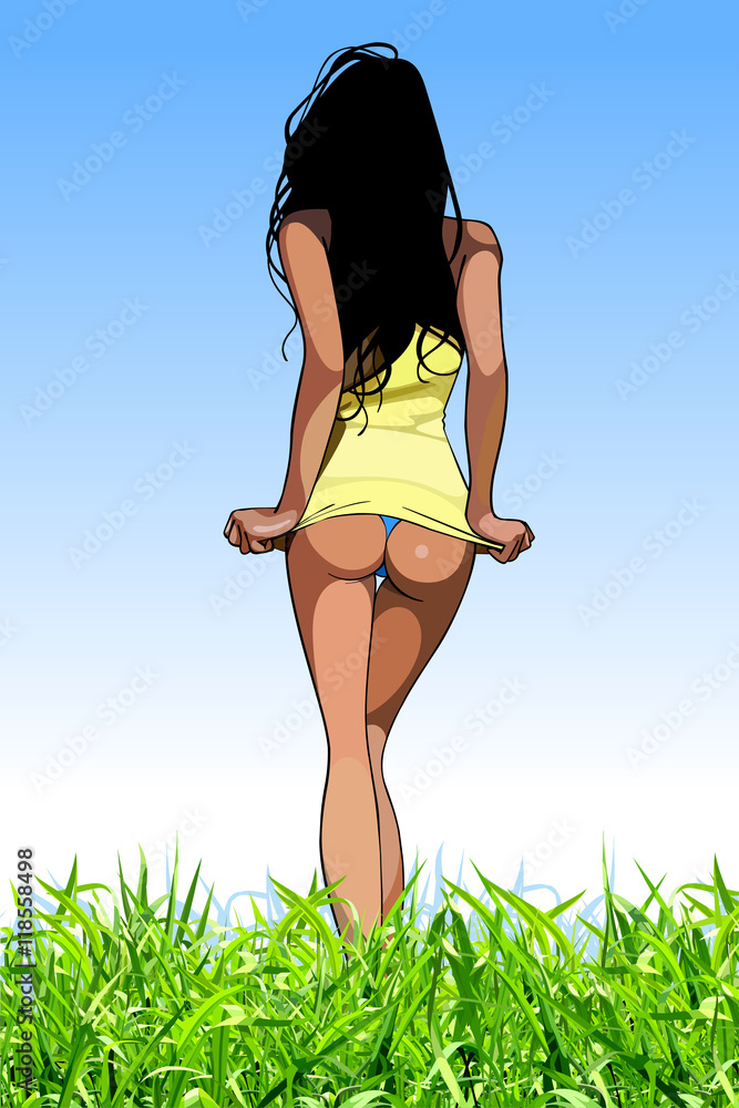 cartoon sexy brunette girl walking on green grass Stock Vector | Adobe Stock