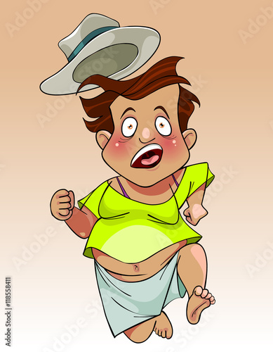 cartoon funny fat man in the hat quickly flees in fright