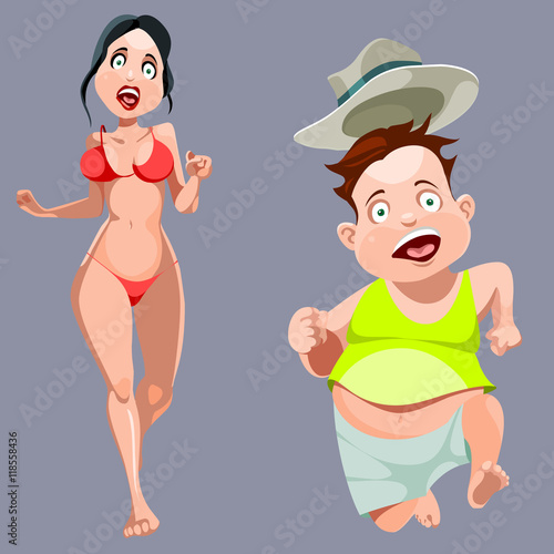 cartoon man and woman in a bathing suit running in fear