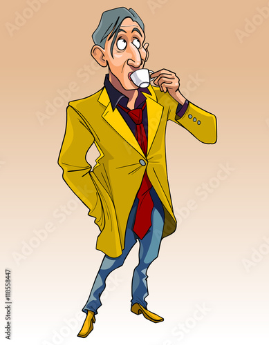 cartoon man in fashionable clothes standing and drinking a cup of coffee