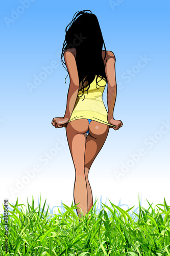 cartoon sexy brunette girl walking on green grass