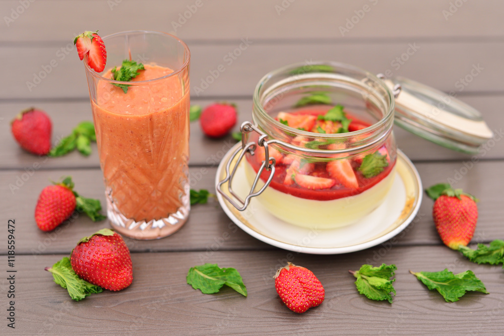 Tiramisu with strawberries. Strawberry smoothies. The concept fo Tiramisu with strawberries. Strawberry smoothies. The concept fo