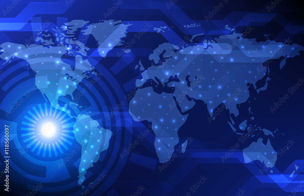 Fototapeta premium Abstract Digital Technology Background With World Map. Vector Template Design