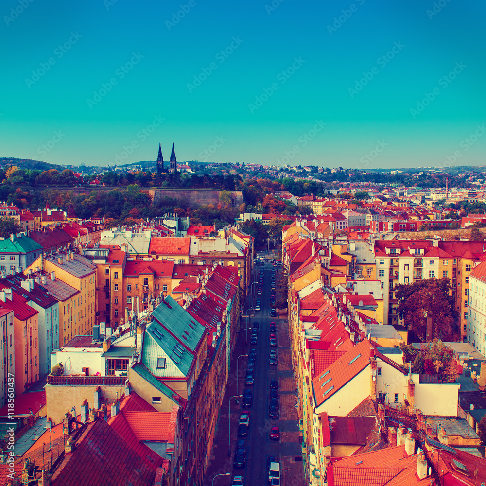 Obraz premium View to the Vysegrad in Prague, Czech Republic at autumn with cathedral and red roofs, travel seasonal vintage hipster background