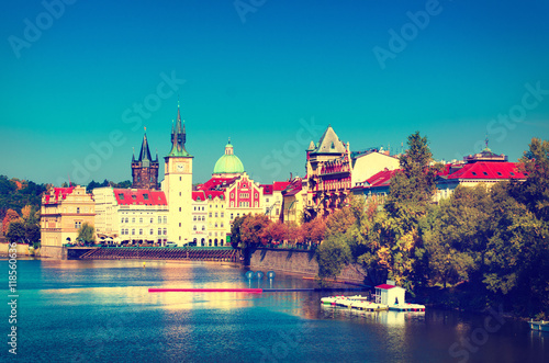 Prague Castle and Old City day view with blue sky, travel vivid autumn european background © Roxana