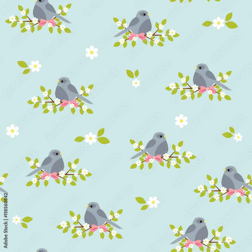 Fototapeta premium Bird on a floral branch seamless pattern