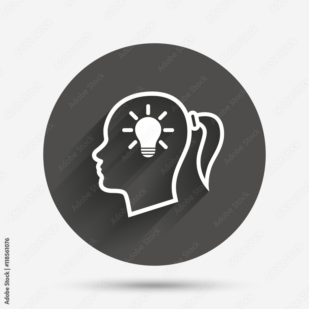 Head with lamp bulb sign icon. Female woman head Head with lamp bulb sign icon. Female woman head