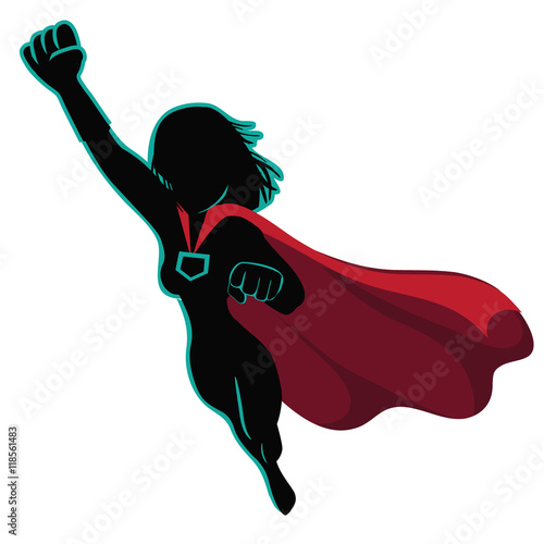 Superhero cartoon woman heroically flying. EPS 10 vector.