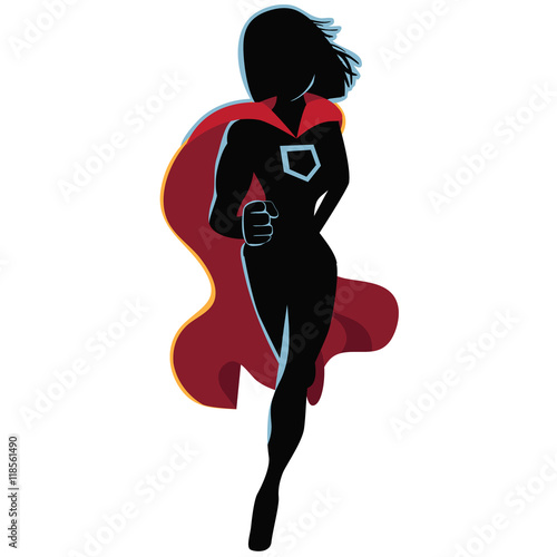 Superhero cartoon woman heroically running. EPS 10 vector.