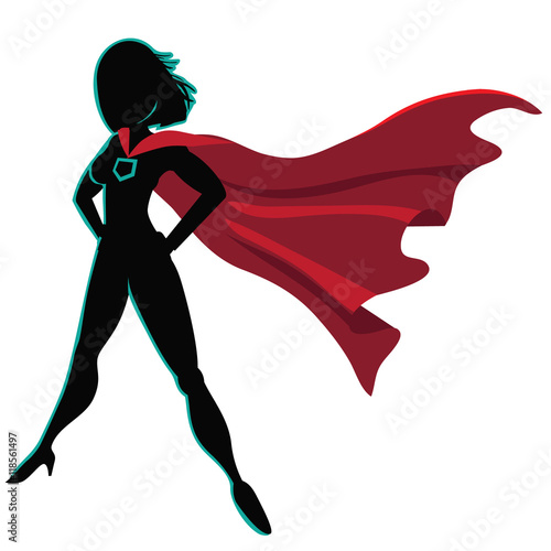 Superhero cartoon woman heroically standing. EPS 10 vector.