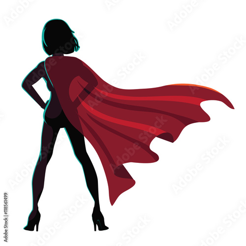 фотография Superhero cartoon woman heroically standing. EPS 10 vector.