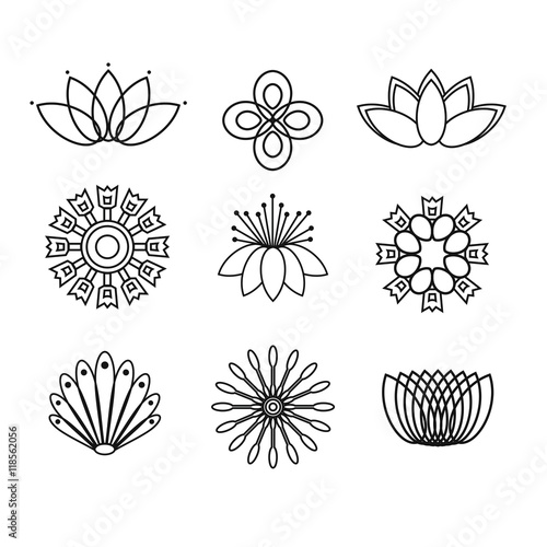 Set of line flower design elements. Plant, blossom and lotus icons