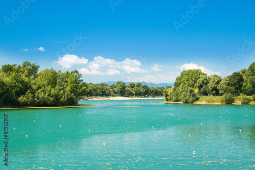Beautiful Jarun lake in Zagreb, Croatia, sunny summer day
