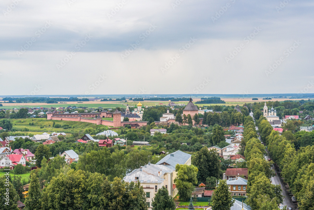 Aerial view of Lenina street in the ancient town of Suzdal. 