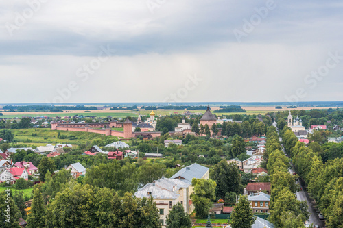 Aerial view of Lenina street in the ancient town of Suzdal. 