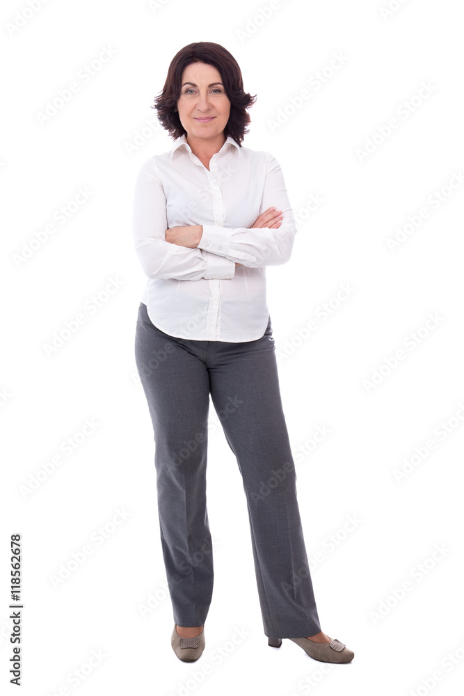 full length portrait of slim mature business woman isolated on w full length portrait of slim mature business woman isolated on w