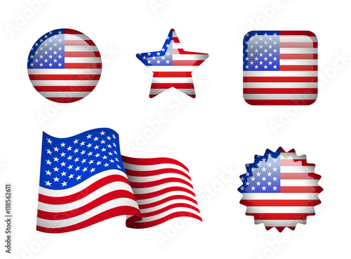 Set of American flag on white. Development of the flag, round, square and star-shaped.