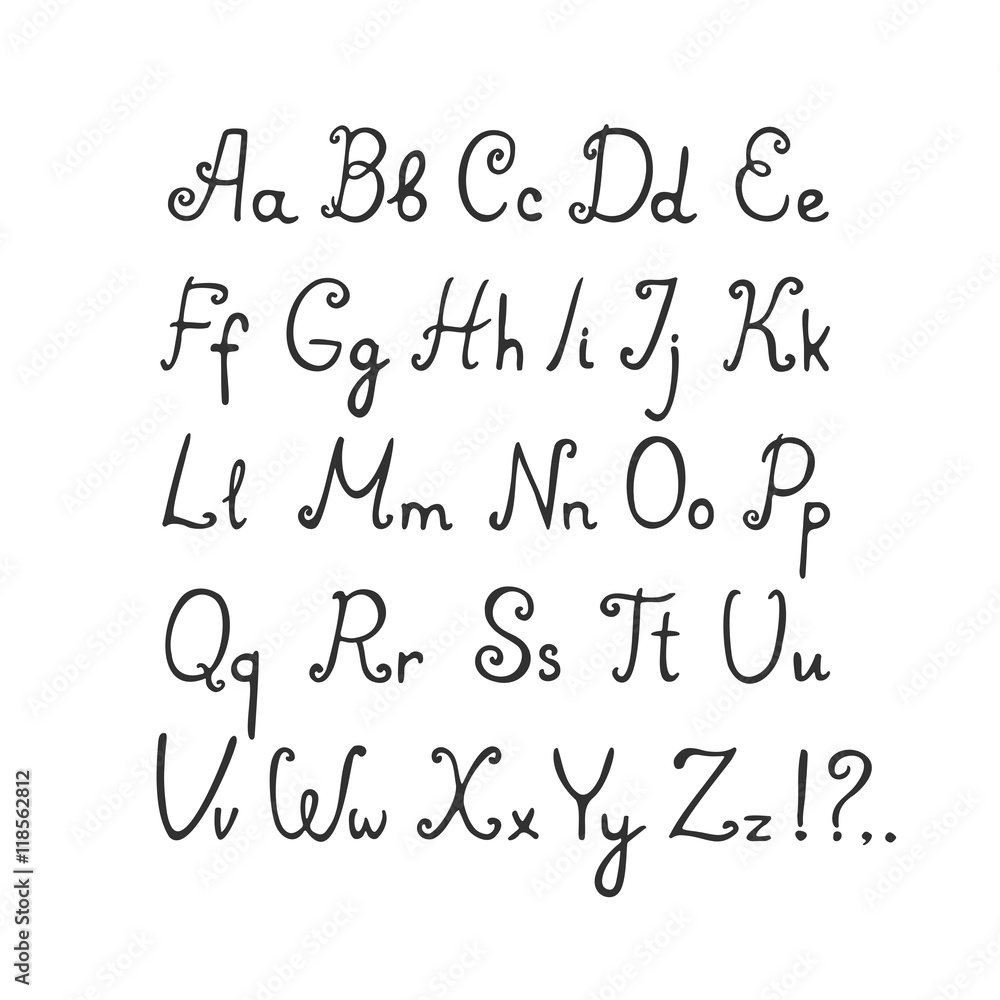Black thin elegant doodle font with curls on white background Black thin elegant doodle font with curls on white background