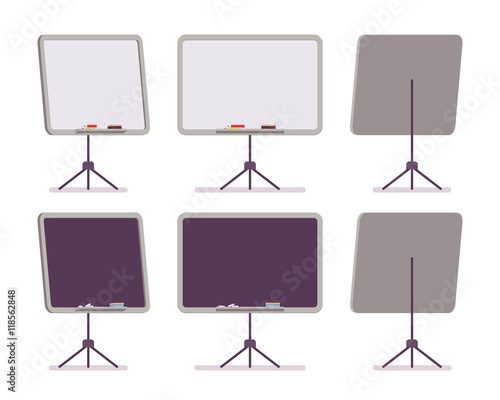 Set of white and black boards on the stand from the different sides isolated against white background. Cartoon vector flat-style concept illustration