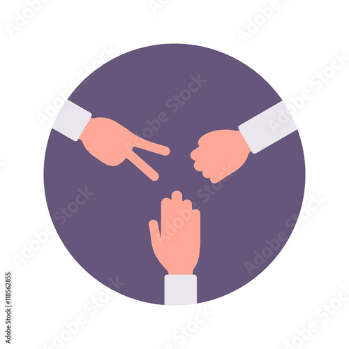 Paper, rock, scissors handsign in a purple circle. Cartoon vector flat-style concept illustration