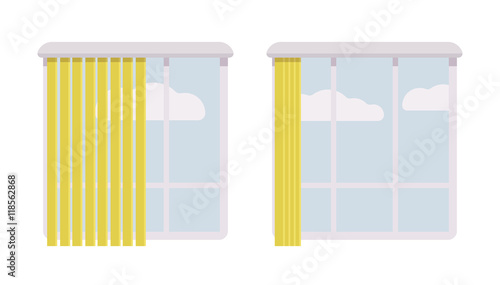 Windows with open and halfopen green jalousie. White clouds. Cartoon vector flat-style concept illustration