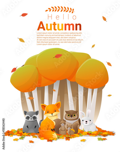Hello autumn background with woodland animals , vector , illustration