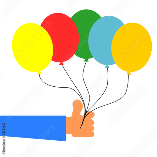 Hand holding colorful balloons.Vector illustration on white background.