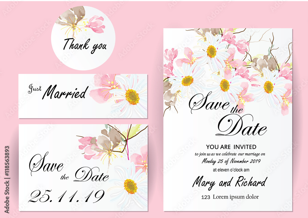 set of flowers   invitation card.in this set is cherry blossom ,cosmos and branch on white card background