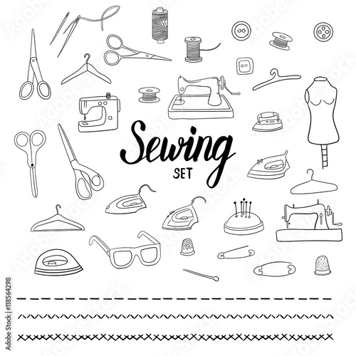 Sewing set with hand drawn elements and brushpen lettering sign. Vector illustration.