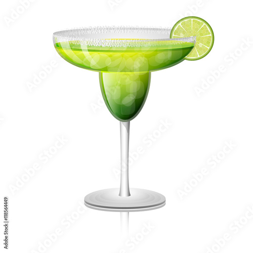 Juicy margarita drink cocktail in a rimmed class with a slice of lime fruit. Vector illustration.