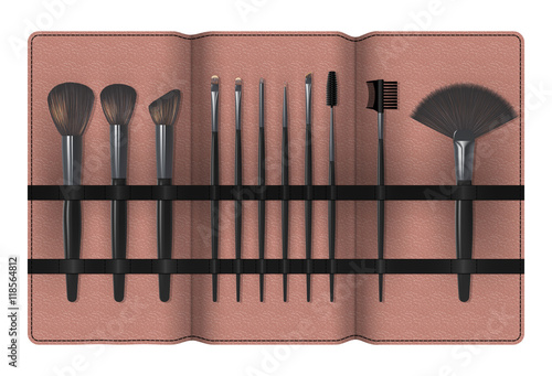 Set of Realistic Make Up Brushes in a Case Isolated on white background. Vector illustration