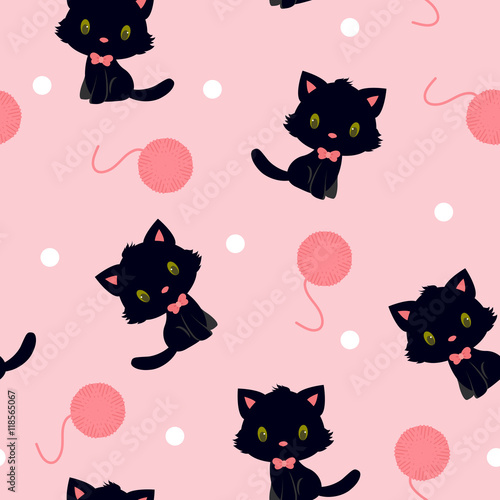 Black kitten with pink knitting yarn seamless pattern
