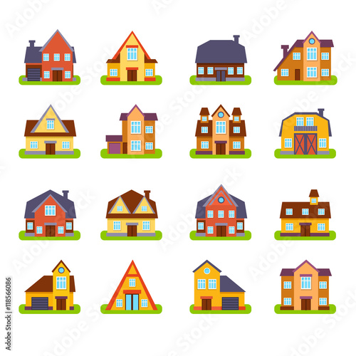 Suburban Real Estate Houses Exteriors Set