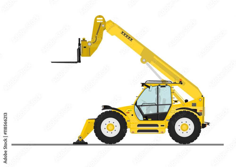 Naklejka premium Non rotating telehandler with forks and outriggers on a white background. Flat vector