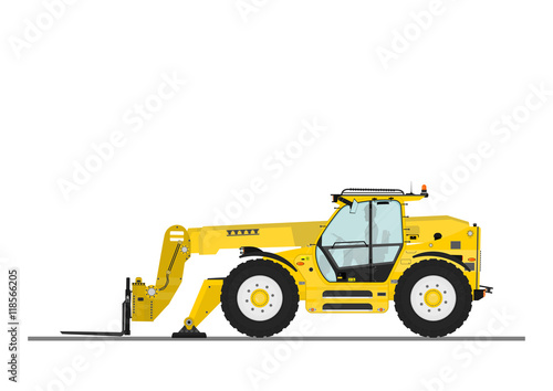 Non rotating telehandler with forks and outriggers on a white background. Flat vector