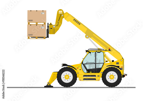 Non rotating telehandler with forks and outriggers on a white background. Flat vector