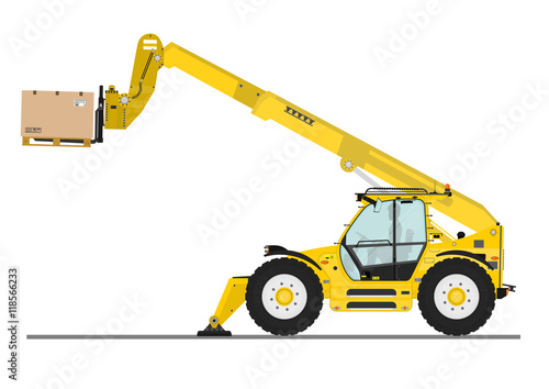 Non rotating telehandler with forks and outriggers on a white background. Flat vector