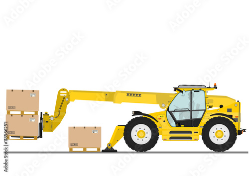 Non rotating telehandler with forks and outriggers on a white background. Flat vector
