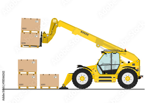Non rotating telehandler with forks and outriggers on a white background. Flat vector
