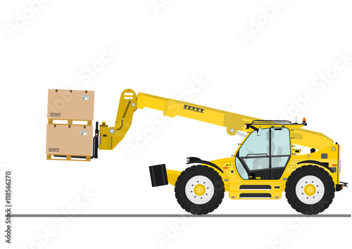 Non rotating telehandler with forks and outriggers. Vector