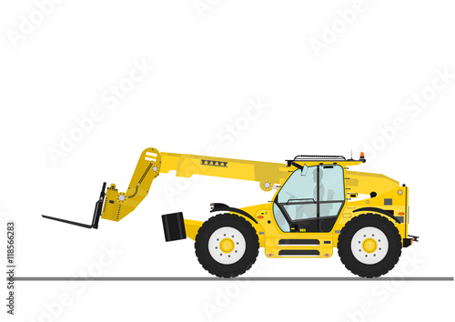 Non rotating telehandler with forks and outriggers on a white background. Flat vector