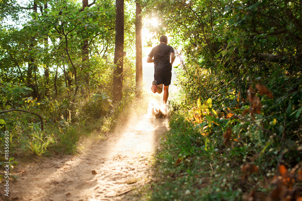 Male athlete runner running on road in forest