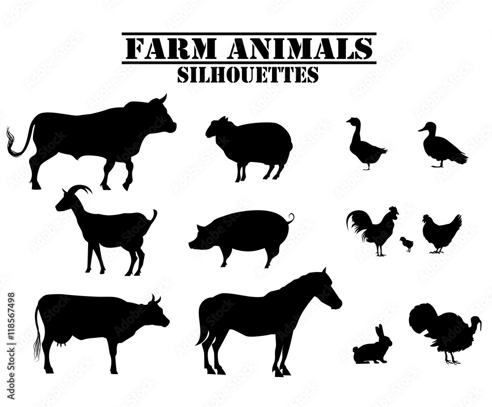 Vector farm animals silhouettes of bull, cow, turkey, rabbit, pig ...