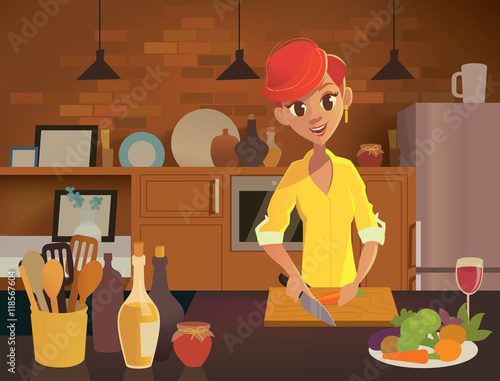 Young happy woman cooking in the kitchen. Healthy eating illustration. Vector illustration in modern flat style.